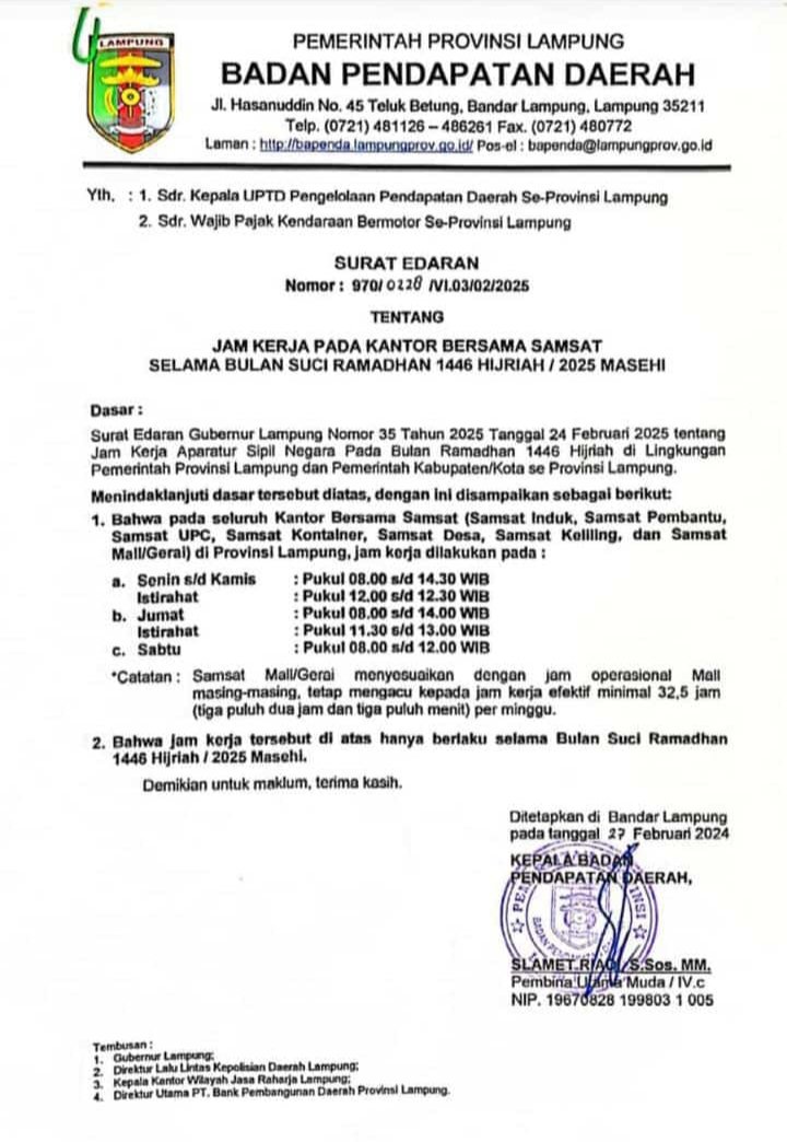 Badan Pendapatan Daerah Provinsi Lampung Atur Jam Kerja Samsat Selama Ramadhan 1446 H