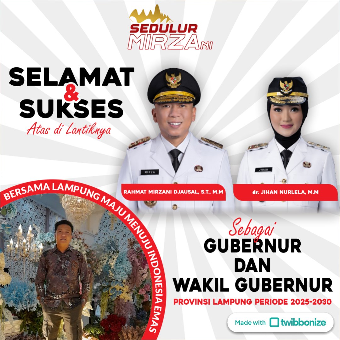 Selamat atas Pelantikan Rahmat Mirzani Djausal dan Jihan Nurlela sebagai Gubernur dan Wakil Gubernur Lampung 2025-2030