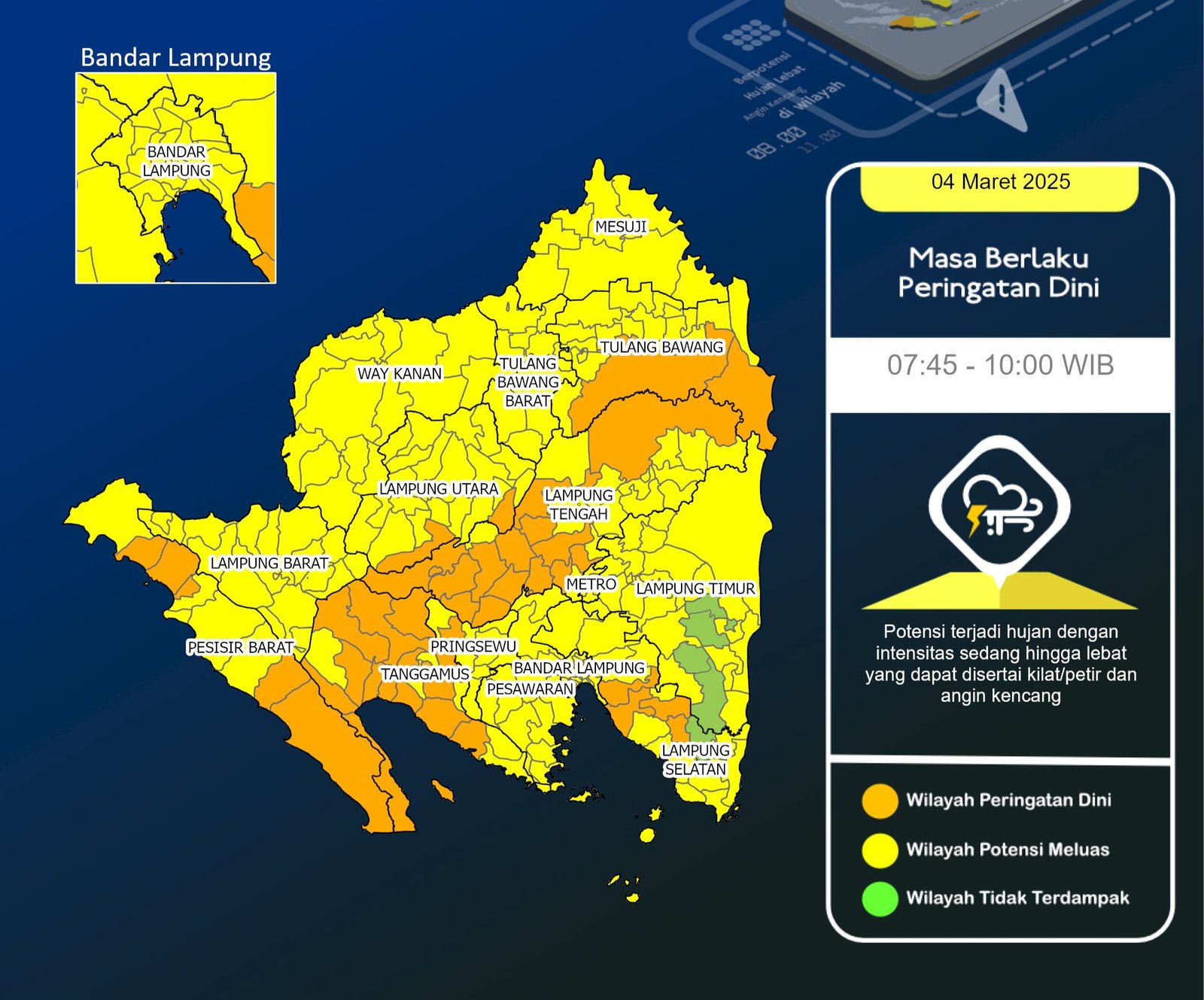 Peringatan dini hujan sedang hingga lebat yang dapat disertai petir dan angin kencang di wilayah Lampung