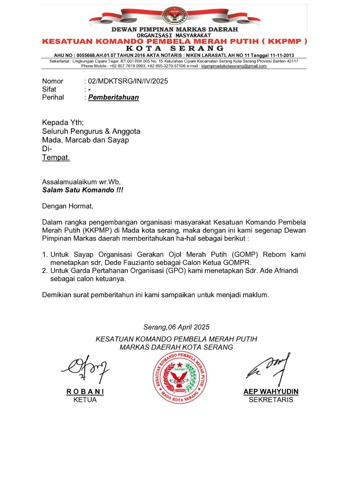 KKPMP Kota Serang Tetapkan Calon Ketua GOMPR dan GPO: Dede Fauzianto dan Ade Afriandi