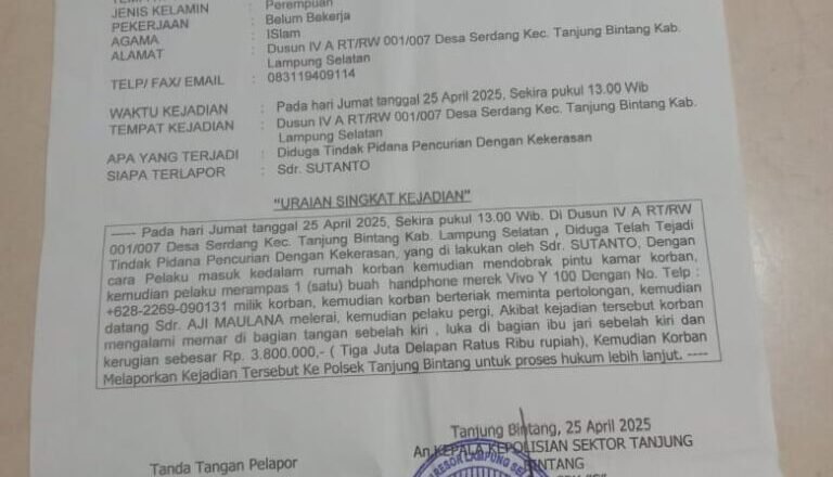 Janda di Tanjung Bintang Jadi Korban Perampasan Disertai Kekerasan oleh Teman Lelaki