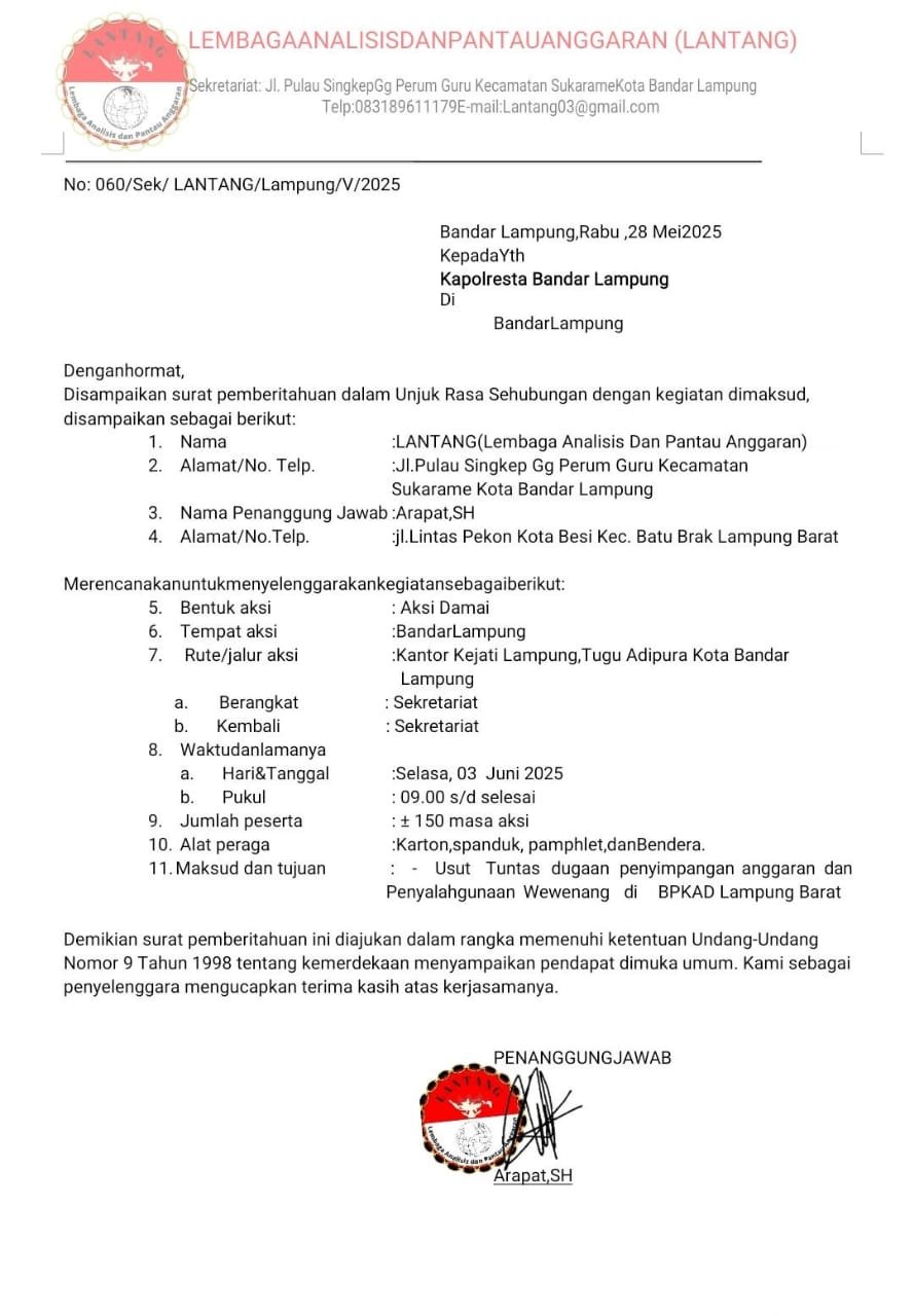 LSM LANTANG Akan Gelar Aksi di Kejati Lampung, Desak Usut Dugaan Korupsi di BPKAD Lampung Barat