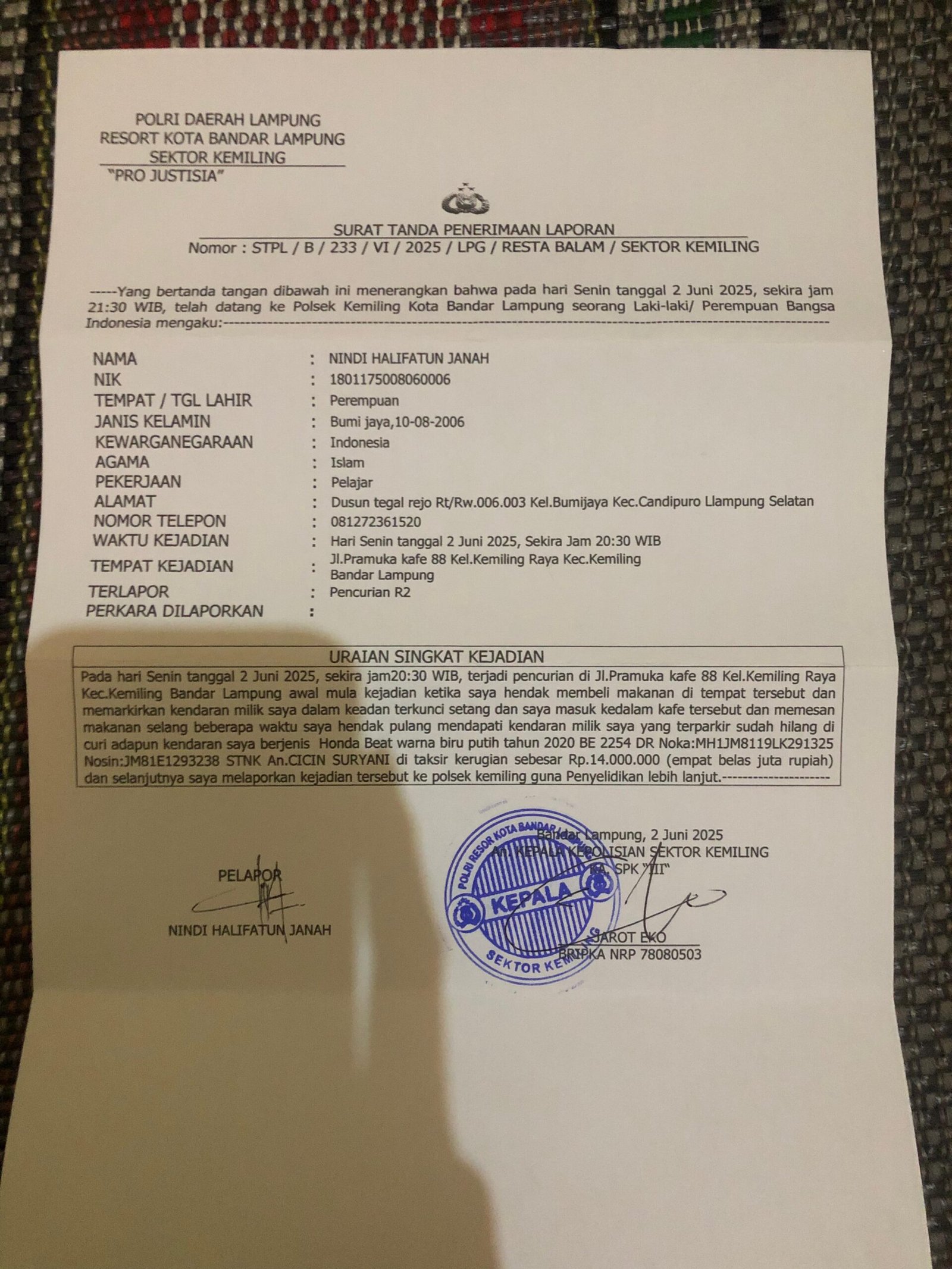 Sepeda Motor Mahasiswi di Bandar Lampung Raib di Depan Kafe, Rekaman CCTV Jadi Harapan