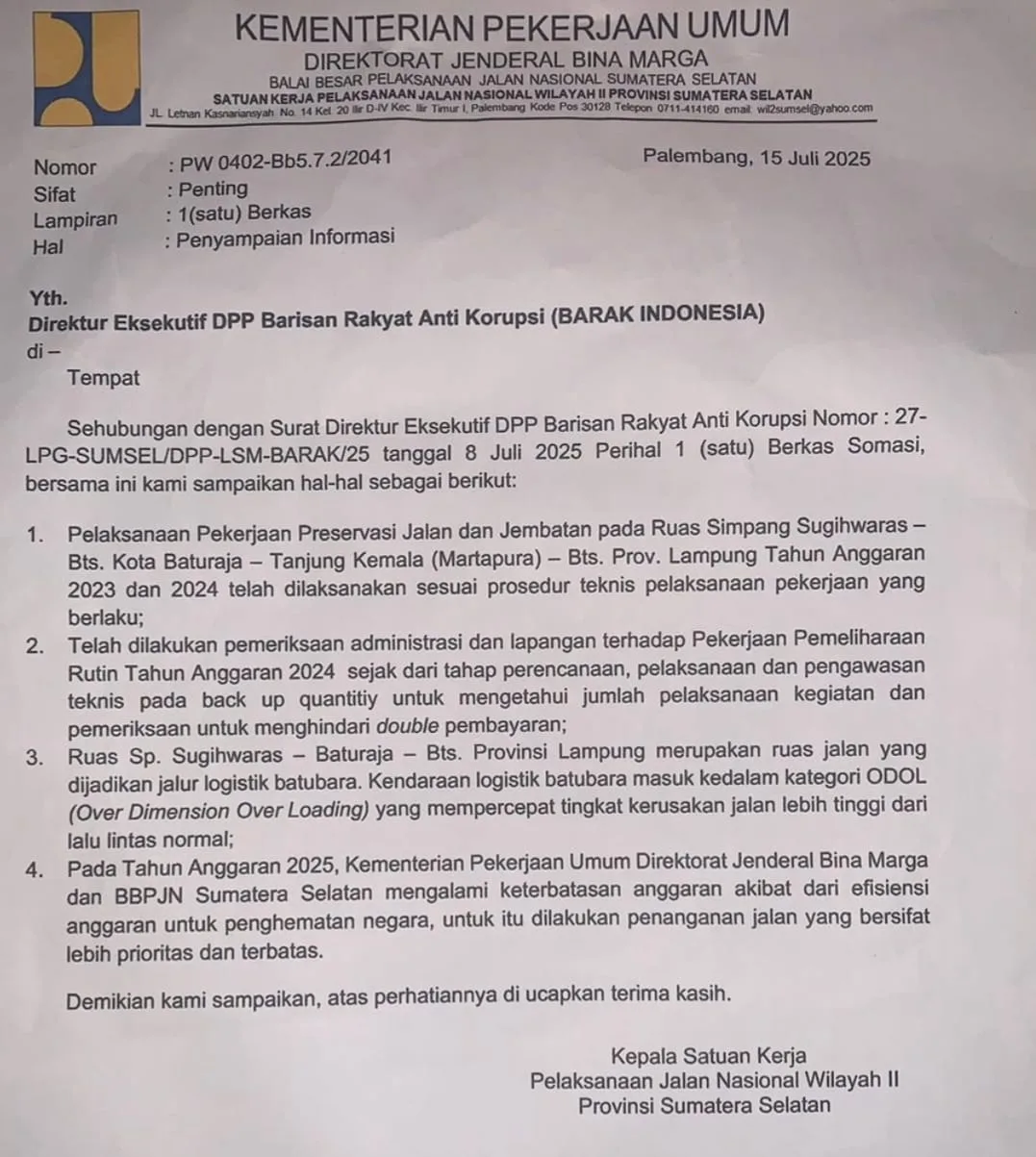 Proyek Jalan Rp92 Miliar di Sumsel Disomasi, BBPJN Diduga Gagal Desain