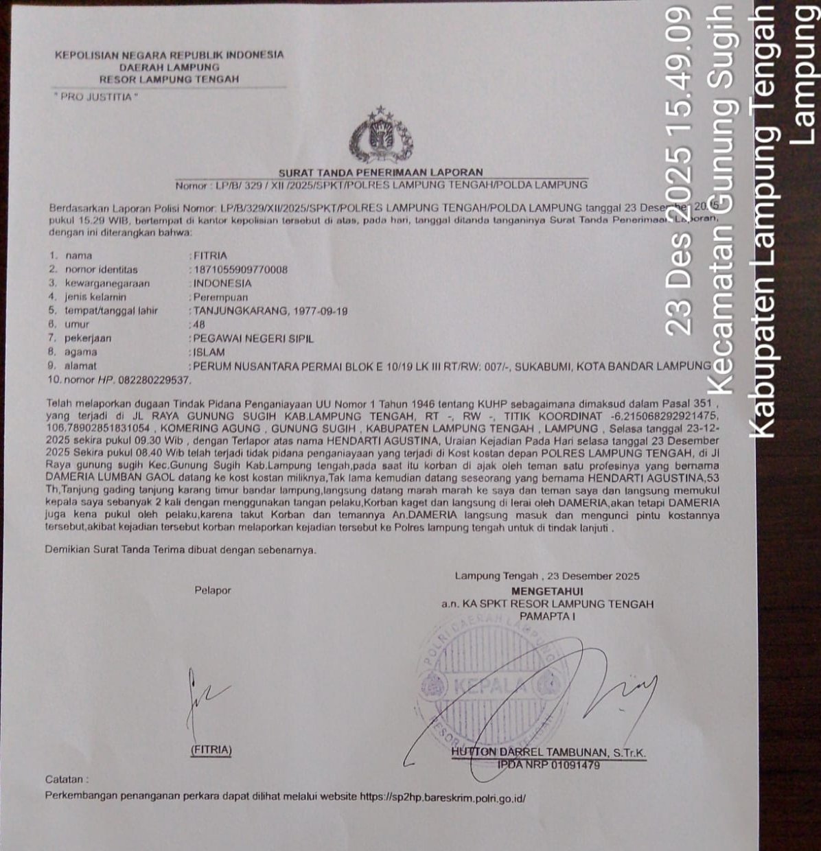 Dugaan Kekerasan Antar Guru di SMPN 1 Gunung Sugih Dilaporkan ke Polisi