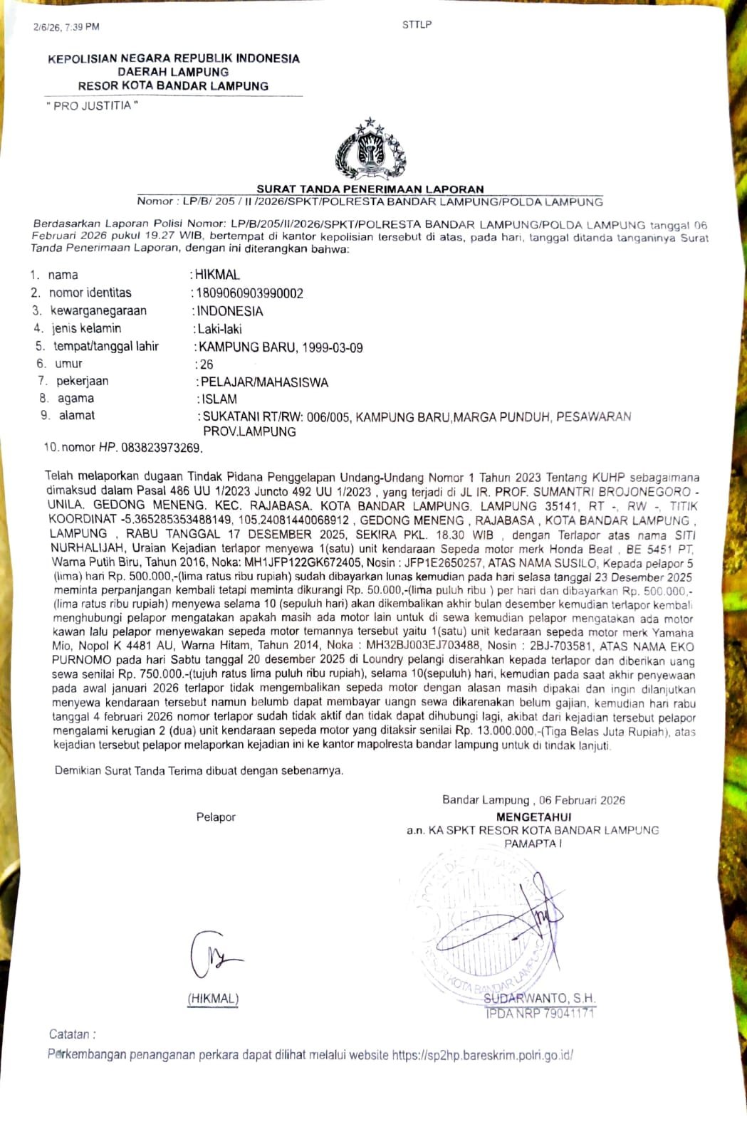 Dua Sepeda Motor Mahasiswa Pesawaran Diduga Digelapkan, Kasus Masuk Polresta Bandar Lampung