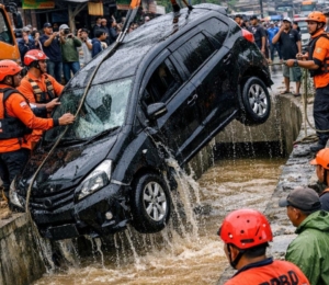 Mobil Hanyut di Sukarame Bandar Lampung Dievakuasi BPBD