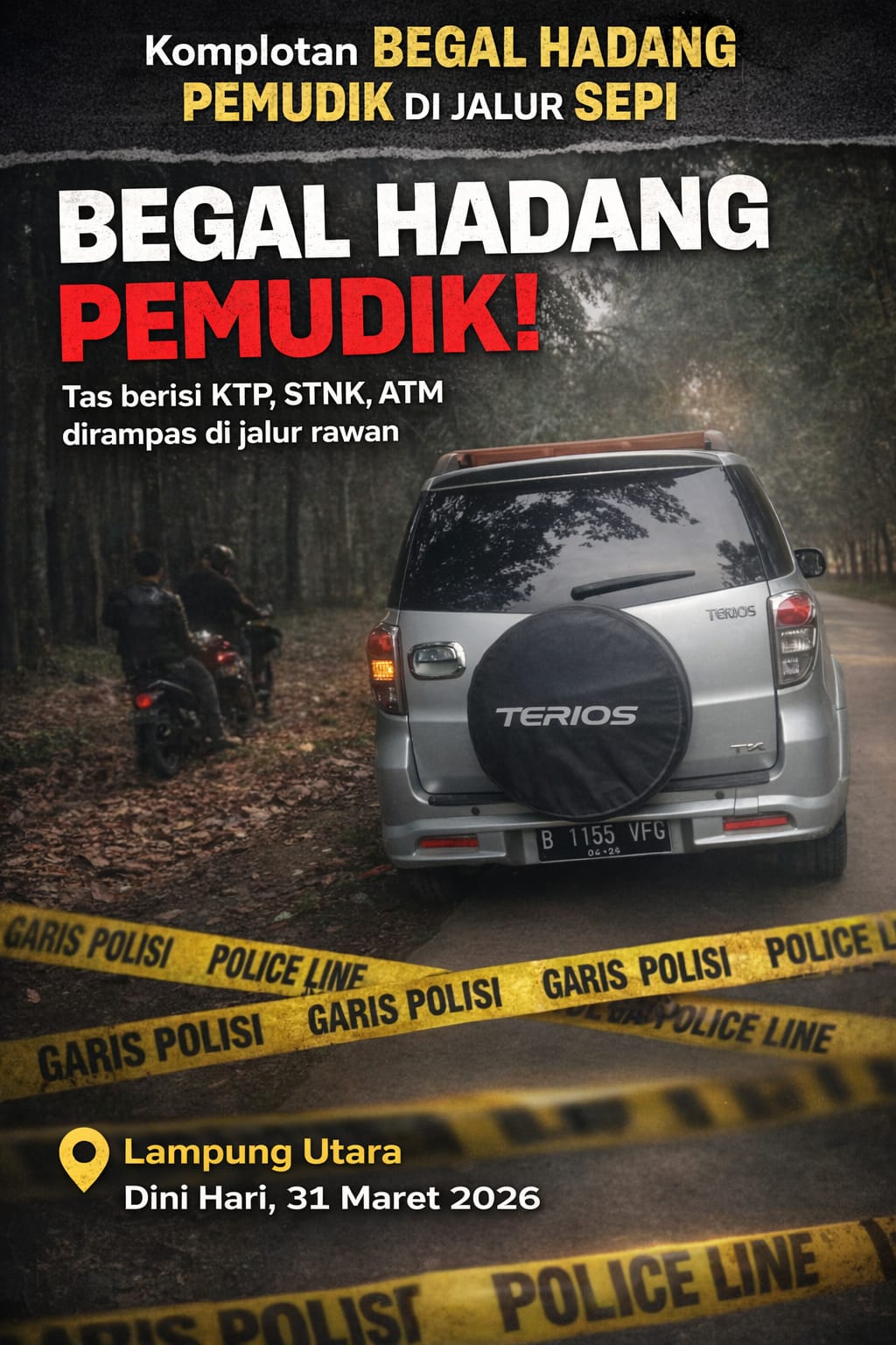 Begal Lampung Utara Rampas Tas Pemudik di Way Kunang