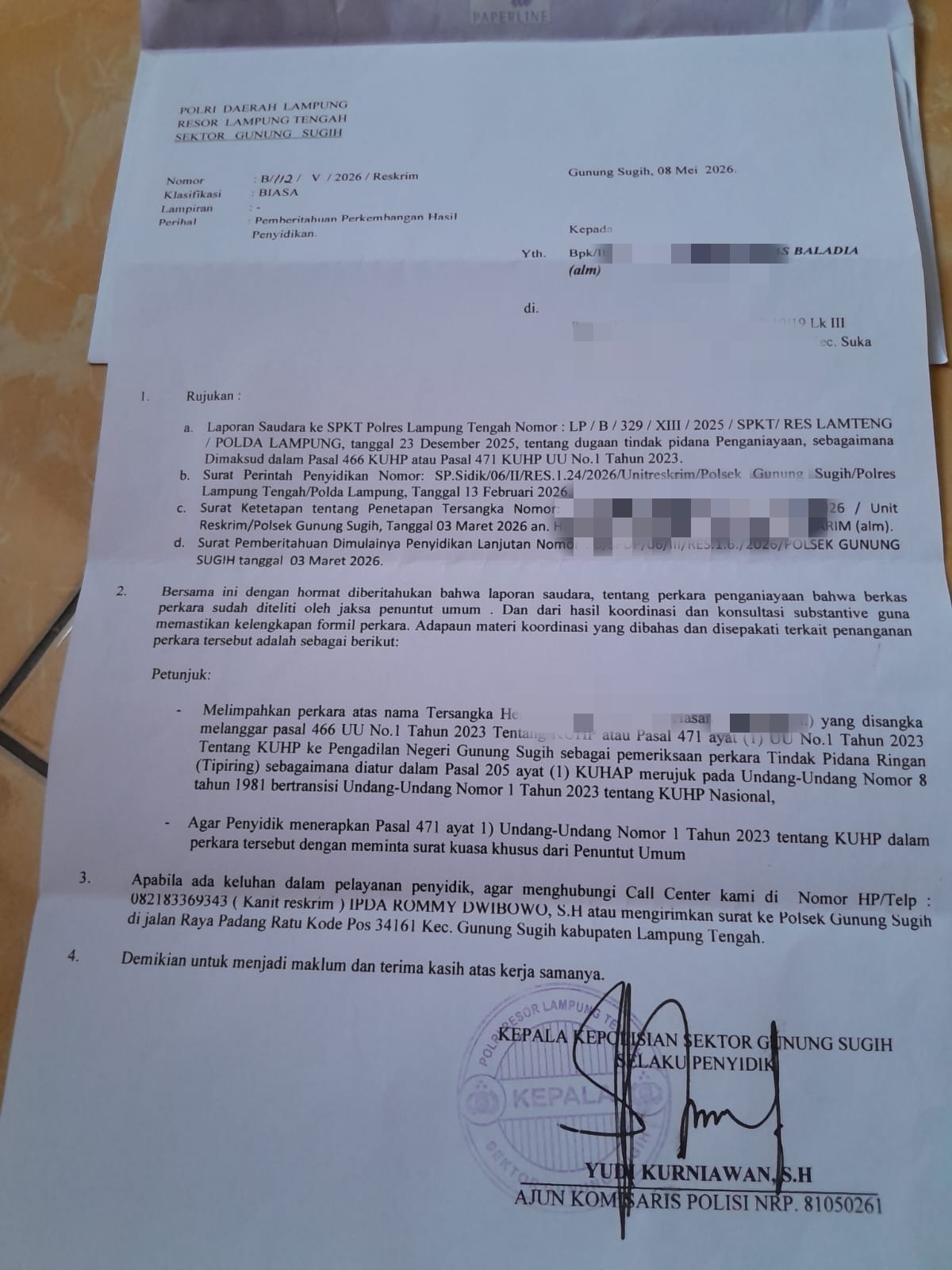 Dugaan Penganiayaan Guru di SMPN 1 Gunung Sugih Masuk Tahap Pelimpahan ke Kejaksaan